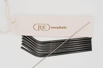 stainless steel reusable straw bent black seven pack with bag and cleaner