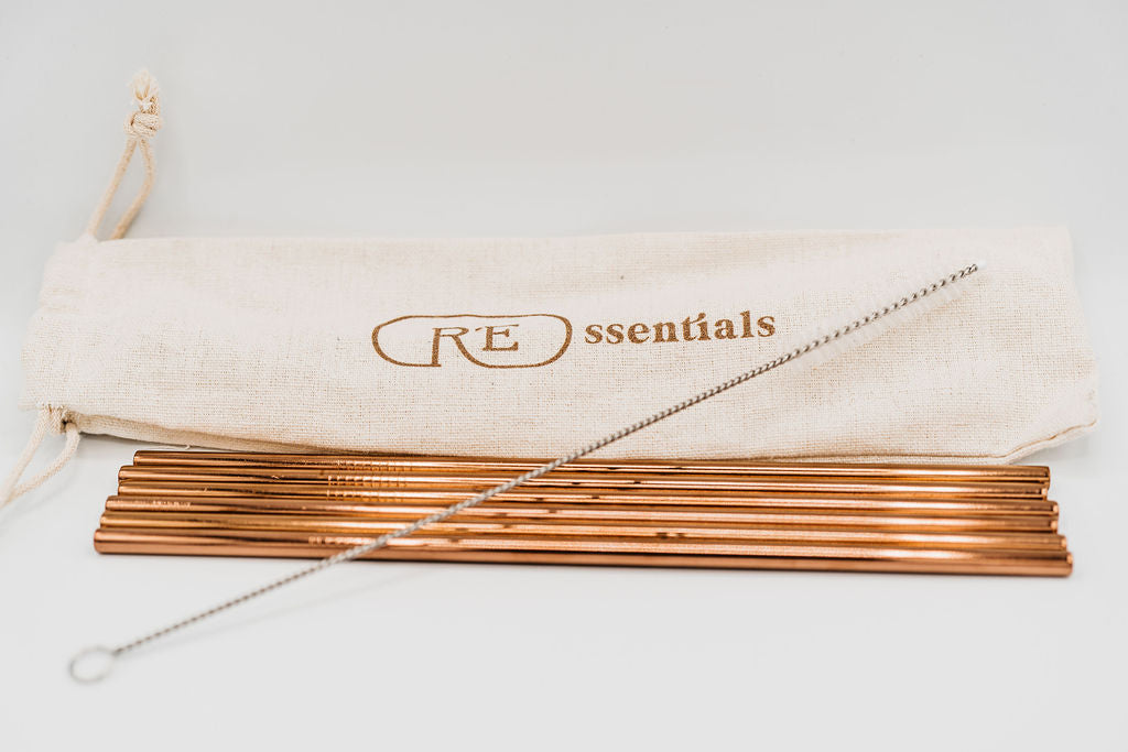 stainless steel reusable straw straight rose gold seven pack with bag and cleaner